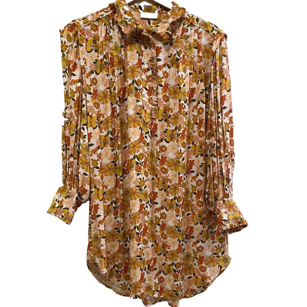 Sandro Long Sleeve Floral Dress in Orange and Yellow